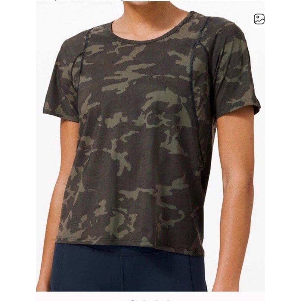 Lululemon Outrun The Heat Shirt 4 UV Protection Green Camo Workout Quick Drying - Picture 1 of 8